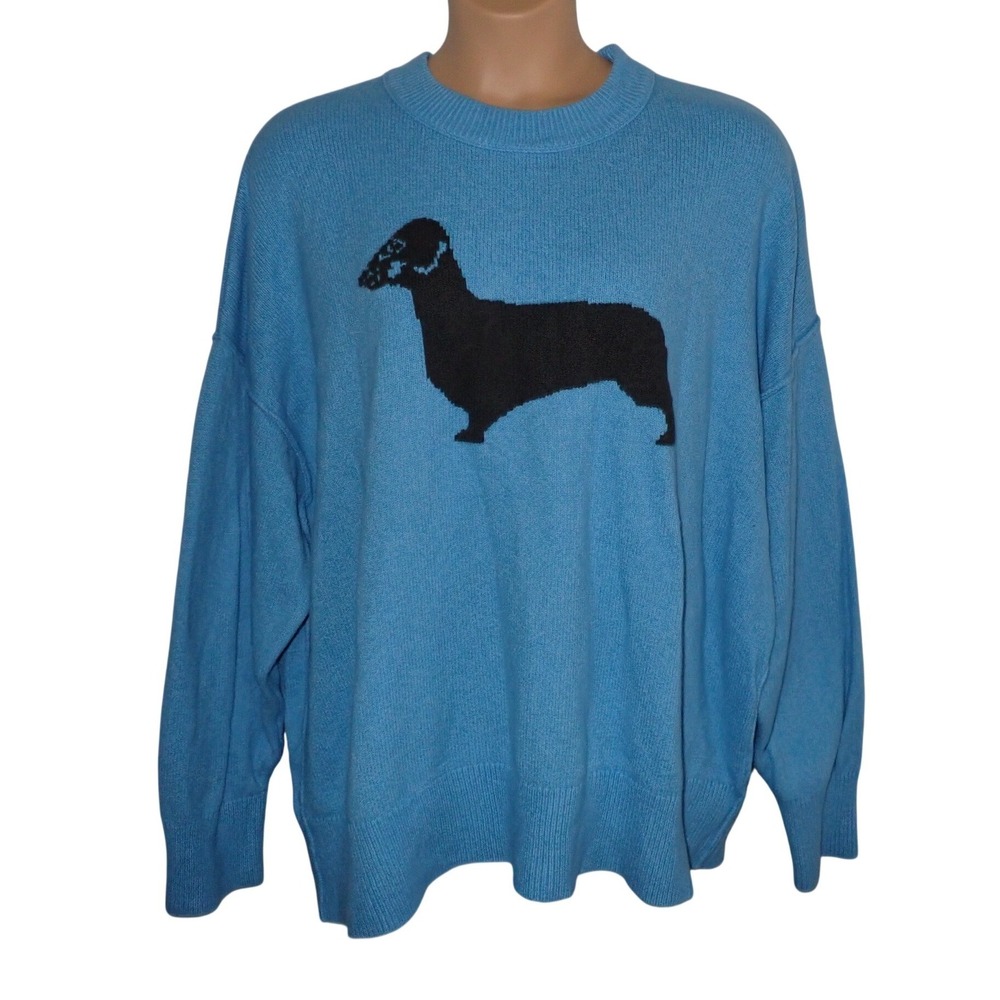 Aerie Womens Dachshund Dog Intarsia Knit Crewneck Sweater Blue XXL Oversize